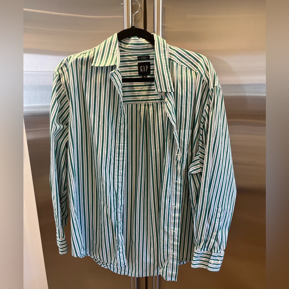 GAP Big Shirt Poplin Green and White Striped